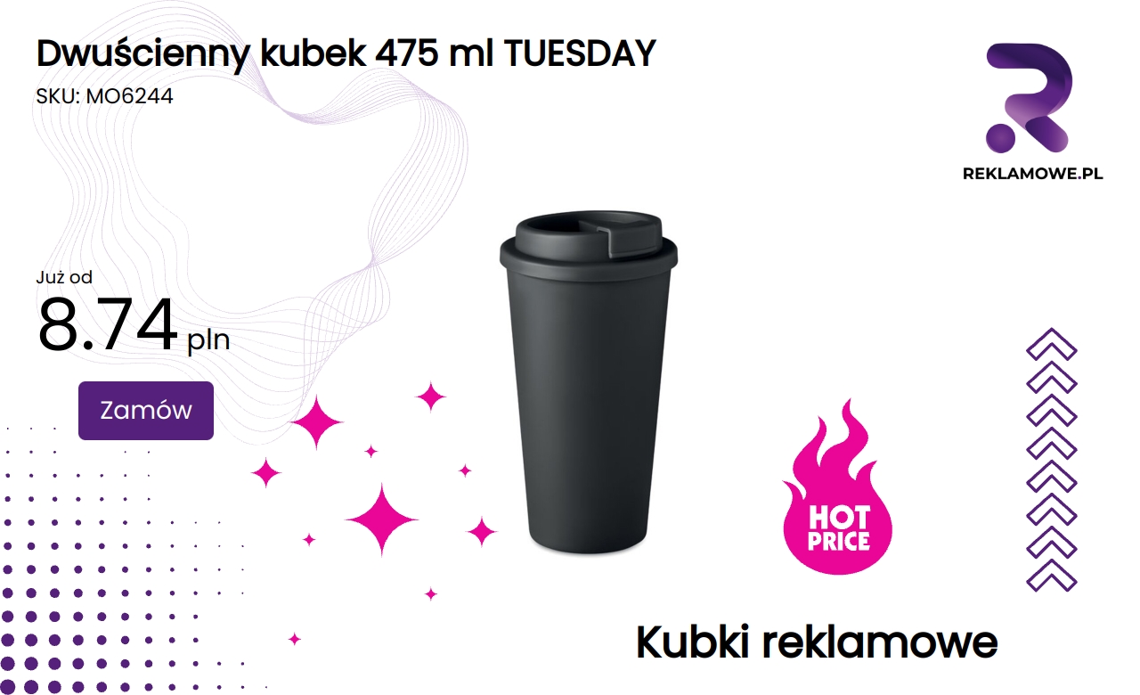 Dwuścienny kubek o pojemności 475 ml z napisem TUESDAY