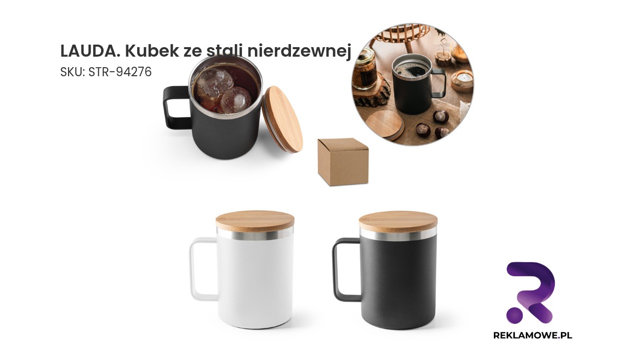 LAUDA. Kubek ze stali nierdzewnej pochodzącej w 90% z recyklingu z bambusową pokrywką 420 mL Kubek ze stali nierdzewnej LAUDA