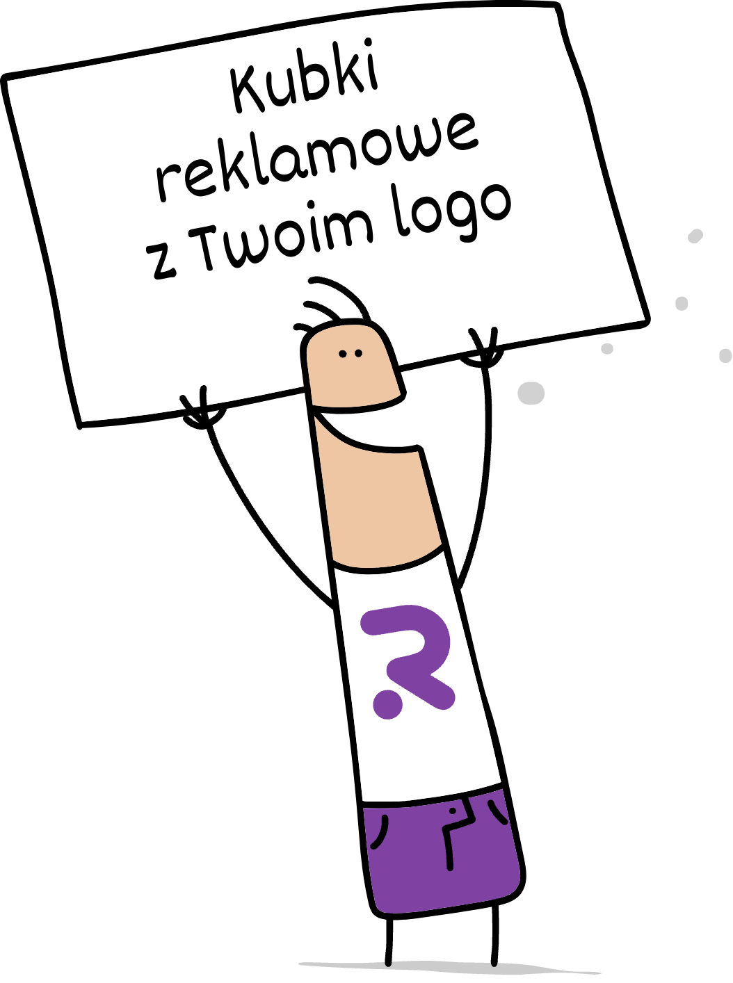 Buddy trzymający napis kubki reklamowe z Twoim logo